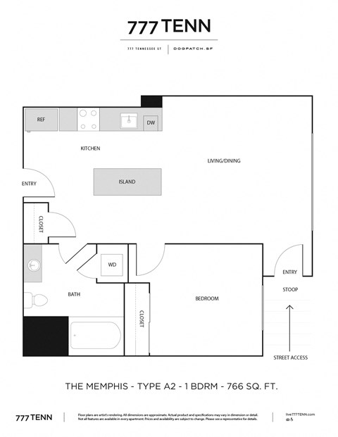 Floor plan for 1 bed, 1 bath, 794 sqft